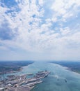 The epic aerial view of the port, dock, shipyard of the Southampton