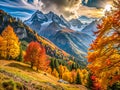 Epic Alpine Autumn Landscape with Vibrant Fall Colors and Dramatic Sunlight Royalty Free Stock Photo