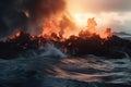epic battle between fire and water, with volcanic eruption pouring lava into lake or ocean