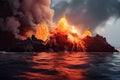 epic battle between fire and water, with volcanic eruption pouring lava into lake or ocean