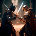 epic cinematic battle of two warriors in armor Royalty Free Stock Photo