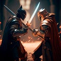 epic cinematic battle of two warriors in armor Royalty Free Stock Photo