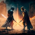 epic cinematic battle of two warriors in armor Royalty Free Stock Photo