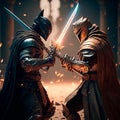 epic cinematic battle of two warriors in armor Royalty Free Stock Photo