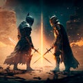 epic cinematic battle of two warriors in armor Royalty Free Stock Photo