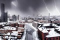 An epic city landscape in winter with snow during a thunderstorm Royalty Free Stock Photo