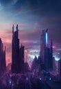 Epic cityscape of a futuristic city and stars in the sky