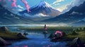 an epic concept art illustration of a girl standing at a lake in front of the mountain fuji, wallpaper style, ai generated image