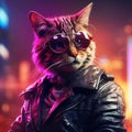 Epic Cyberpumk Cat Neon Retro Wave Style