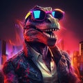 Epic Cyberpumk Dinosaur Neon Retro Wave Style