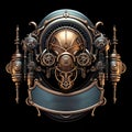 An epic cyberpunk steampunk mad max style scifi fantasy logo, insignia or emblem