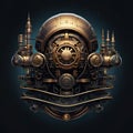 An epic cyberpunk steampunk mad max style scifi fantasy logo, insignia or emblem