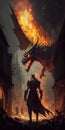 Epic dragon blasts the battlefield with fire on warrior, concept of Fantasy world, created with Generative AI technology