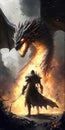 Epic dragon blasts the battlefield with fire on warrior, concept of Fantasy world, created with Generative AI technology