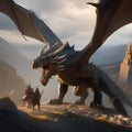 Epic dragon hunt, Fearless hunters tracking down a legendary dragon amidst rugged terrain and ancient ruins1