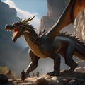 Epic dragon hunt, Fearless hunters tracking down a legendary dragon amidst rugged terrain and ancient ruins1