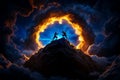 Epic duel atop a shadowy mountain under a fiery sky, symbolizing epic battle and dramatic confrontation Royalty Free Stock Photo