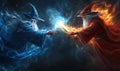 Epic duel between blue and red wizards casting elemental magic in a mystical realm Royalty Free Stock Photo