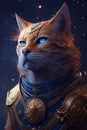 In epic and enchanting illustration, cat stars warrior is portrayed with a sense of fierce strength and mystical power, capturing