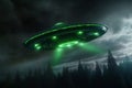 Epic encounter, UFO spaceship flies in night sky, green alien watches