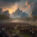 Epic fantasy battle, Massive clash between armies of elves, dwarves, and orcs amidst a scenic battlefield with towering mountain