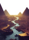 An epic fantasy concept art scene of the pyramids of Egypt. River flowing. Birdseye view. Isolated PNG file.