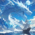 Epic Fantasy Dragon and Ship on Ice Ocean Royalty Free Stock Photo