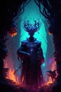 Epic fantasy illustration of a male god of nature with horns and a crown made of ice