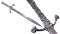 Elven silver sword with steel spiral decorative patterns in a white background.