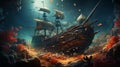 Epic Fantasy Underwater Ship Painting In Dark Cyan And Amber