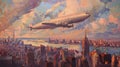 Epic Flight: Hindenburg Zeppelin Soars Against New York Skyline Royalty Free Stock Photo