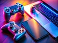 Epic Gaming Setup Showcase Controllers Accessories and CuttingEdge Tech for Immersive Gameplay A Stunning Portrait Royalty Free Stock Photo