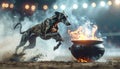 Epic Greyhound Leaps Over Flaming Cauldron Royalty Free Stock Photo