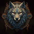 Epic High Fantasy Norse mythology Viking Wolf Head logo coat of arms emblem Royalty Free Stock Photo