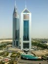 Epic high shoot of Dubai twin towers on Sheikh Zayed Road Royalty Free Stock Photo