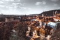 Epic hyped vintage spring sunset aerial view of the Old Town pier architecture and Charles Bridge over Vltava river in Prague, Cha Royalty Free Stock Photo