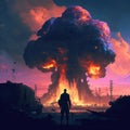 Epic illustration of an atomic bomb exploding in a post-apocalyptic city