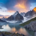 Epic inspiring shot of young traveler, camper or backpacker man sitting at sunrise