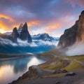 Epic inspiring shot of young traveler, camper or backpacker man sitting at sunrise