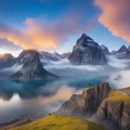 Epic inspiring shot of young traveler, camper or backpacker man sitting at sunrise