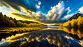 Landscape painting mountain sky clouds magical mystic lake river ai generated