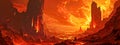 Epic landscape of a fiery hellscape with molten lava and towering infernal structures under a tumultuous sky, a scene