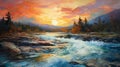 Epic Landscape Painting: River In The Setting Sun