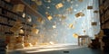 Epic Library Falling Books Magical Atmosphere Royalty Free Stock Photo