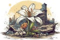 An epic Lily flower t-shirt design with a giant lily breaking through the ground