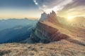 Epic Misty Morning Landscape of Dolomites Alps. Majestic Seceda Peak Tyrol, Italy, Europe