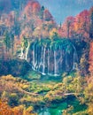 Epic morning view of pure water waterfall in Plitvice National Park. Aerial autumn scene of Croatia, Europe. Abandoned places of P Royalty Free Stock Photo