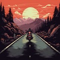 Epic Motorcycle Road Trip At Sunset: A Bold 8-bit Landscape Illustration