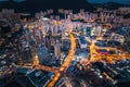 Epic night aerial view of the downtown of Kowloon, Towakwa and Hung Hom Area, Hong Kong Royalty Free Stock Photo