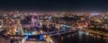 Epic night aerial view of the London, River Thames, London Eye. Panorama cityscape Royalty Free Stock Photo